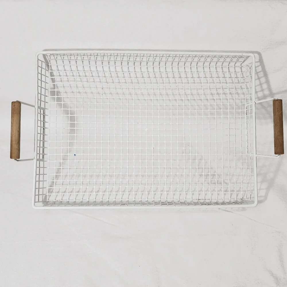 Vintage White Wire Mesh Paper Basket Tray With‎ Turned Wood Handles
